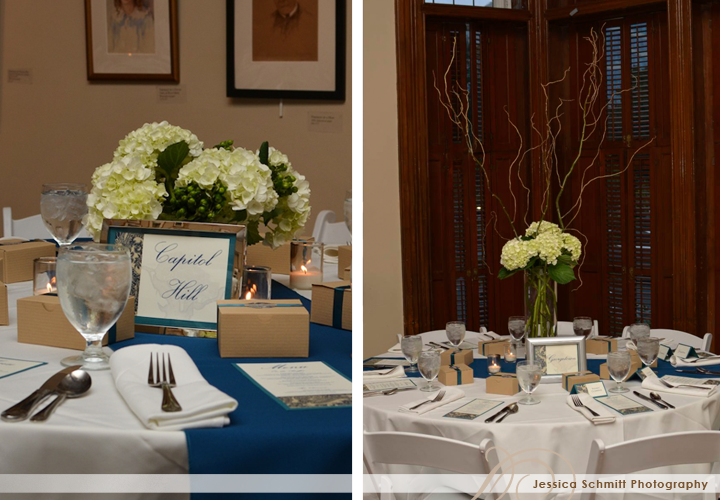 Every table was adorned with silver and sapphire shades that were designated